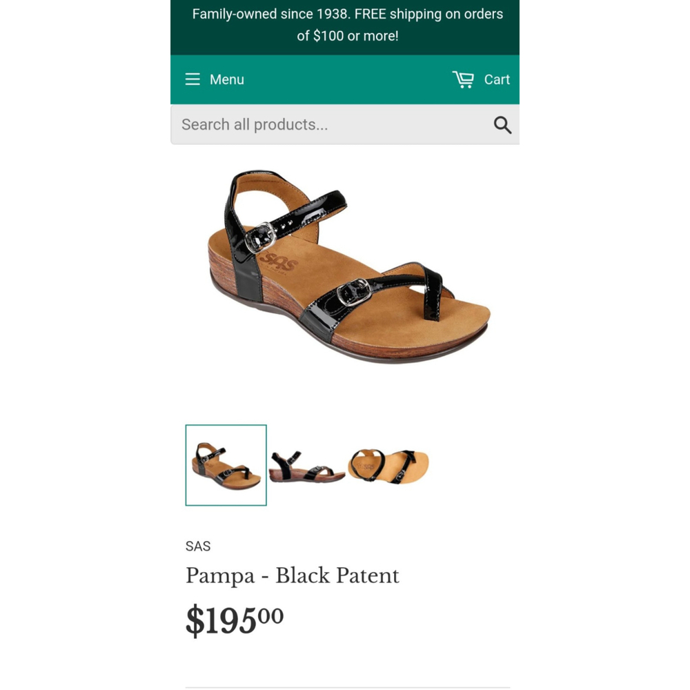$195 SAS Pampa Black Patent Strappy Womens Sandals NWOB Sz 7W